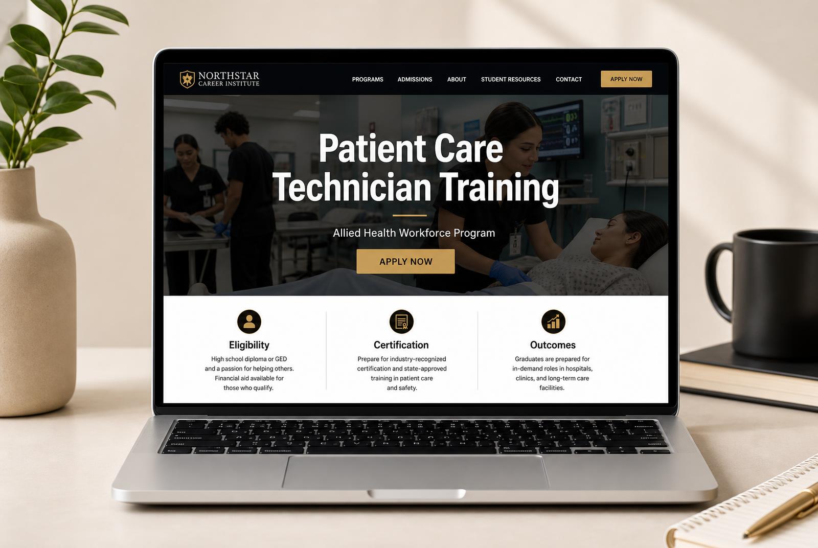 Sample Patient Care Technician Training program landing page shown on a laptop